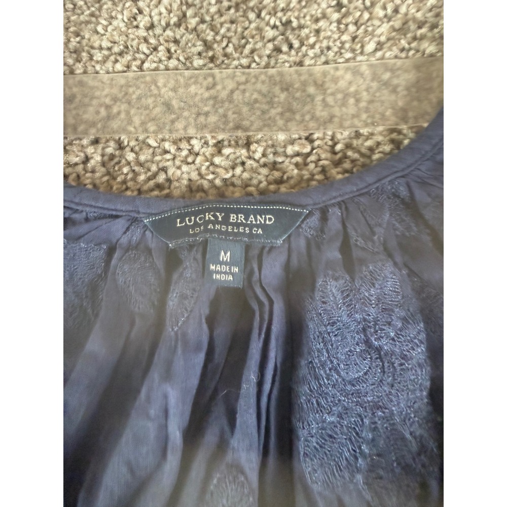 Lucky Brand Navy Blue Embroidered Cotton Button Front Blouse Boho Top Womens M - Picture 2 of 6